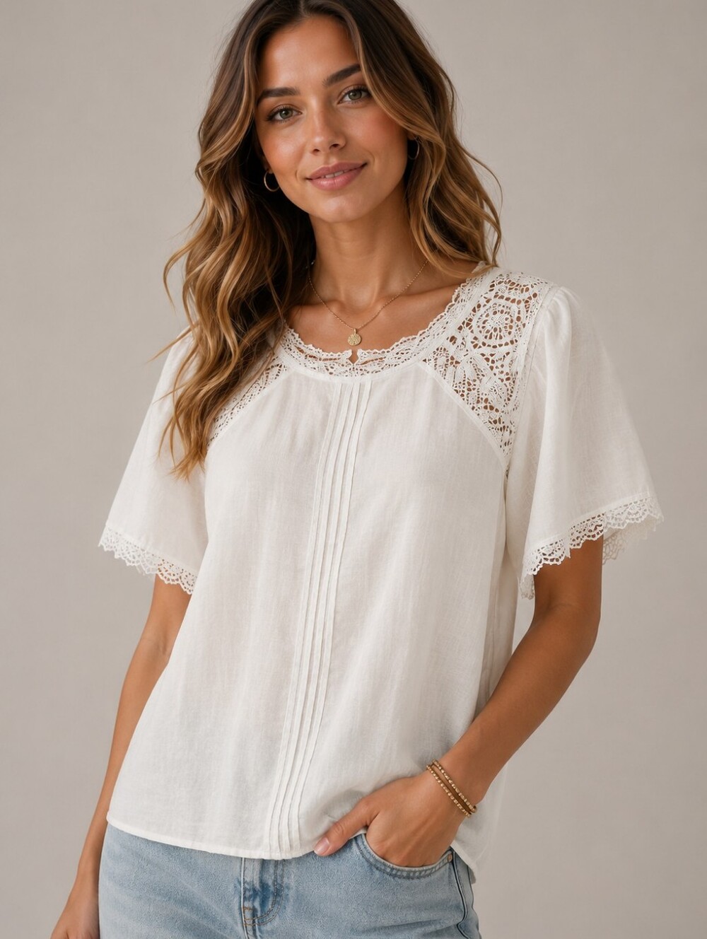 415.Notations Lace Yoke Pintuck Blouse in White